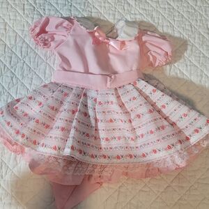 Vintage Pink Cottagecore Baby Dress with Floral Skirt and Lace Trim and Back Bow